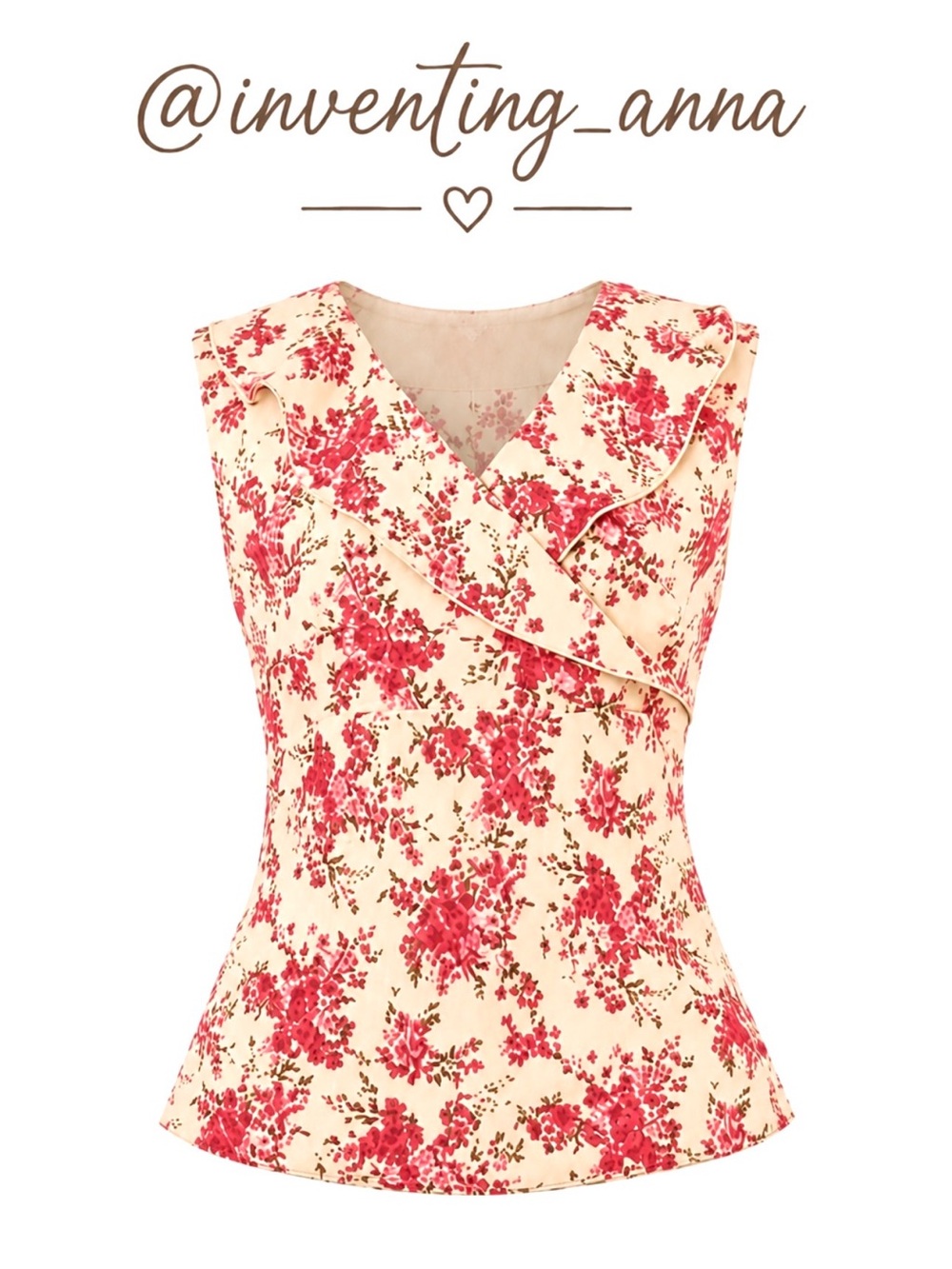 Cream/Beige Sleeveless Camisole w/Pink Floral Print Side Zipper Ruffled Neckline